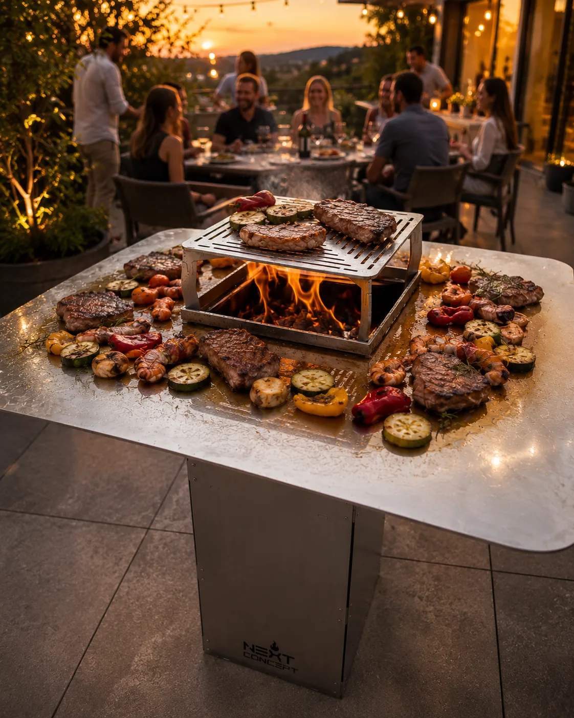 Brasero von NEXT CONCEPT auf einer Terrasse: Feuer mit Grillrost in der Mitte, ringsum brät das Essen auf der Stahlfläche, Gäste im Hintergrund