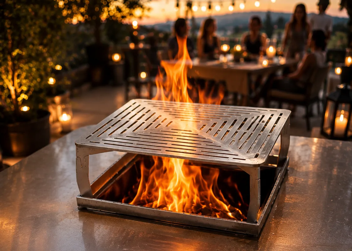 Brasero aus Edelstahl mit offenem Feuer und Grillrost auf einer Terrasse am Abend