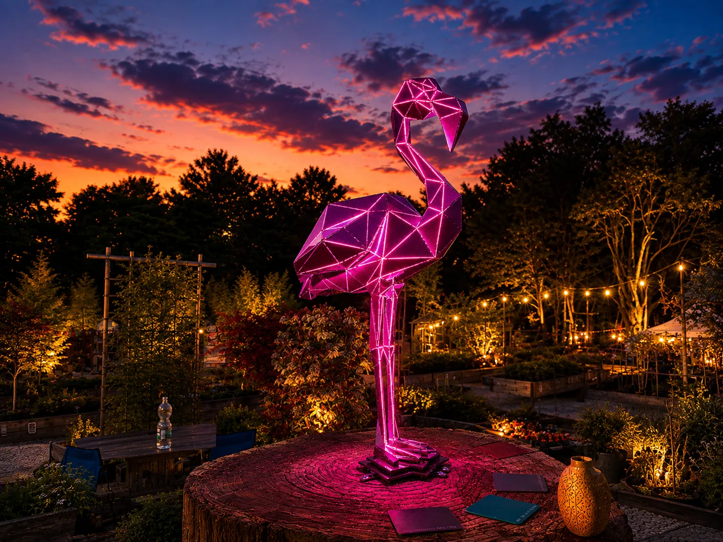 Flamingo aus Stahl in Pink, beleuchtet auf einer Baumscheibe stehend, im Hintergrund eine Gärtnerei bei Sonnenuntergang